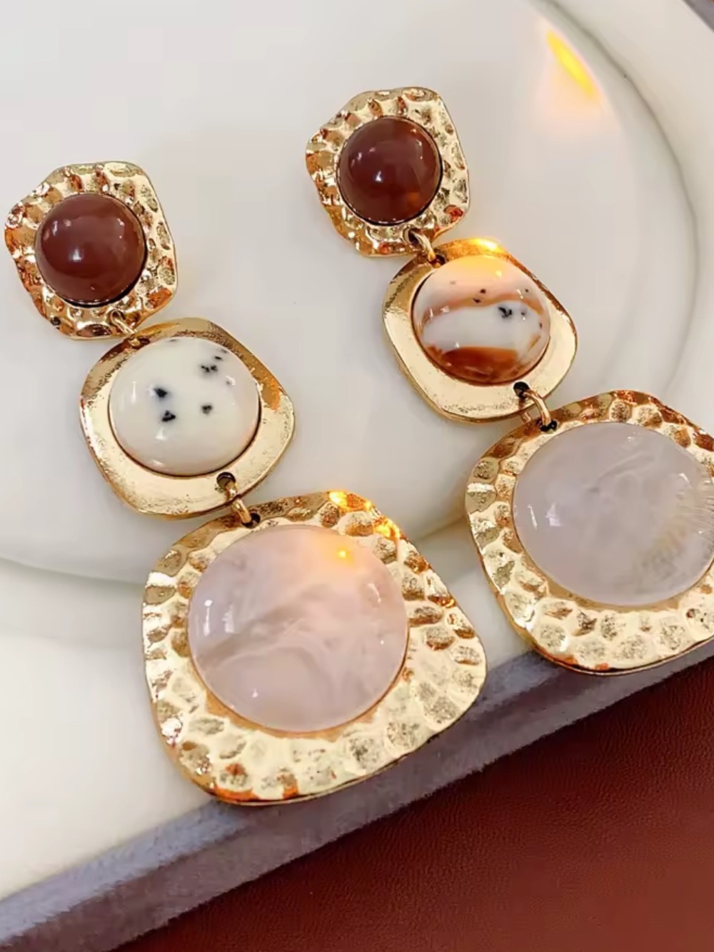Gold-Tone Drop Earrings with Cream, Brown, and Soft Pink Accents
